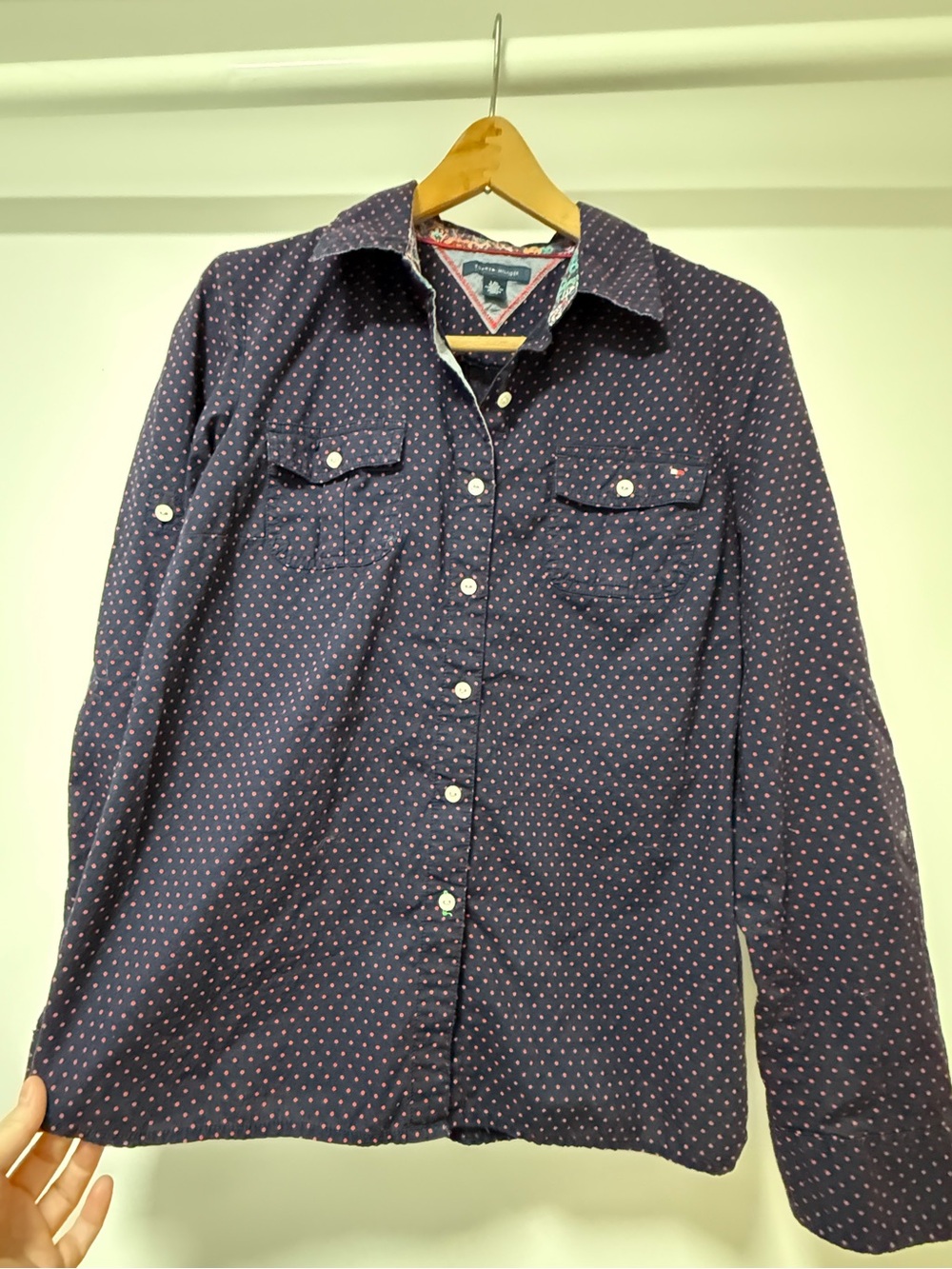 Tommy Hilfiger Women’s Navy Dot Button-Down Shirt with Chest Pockets